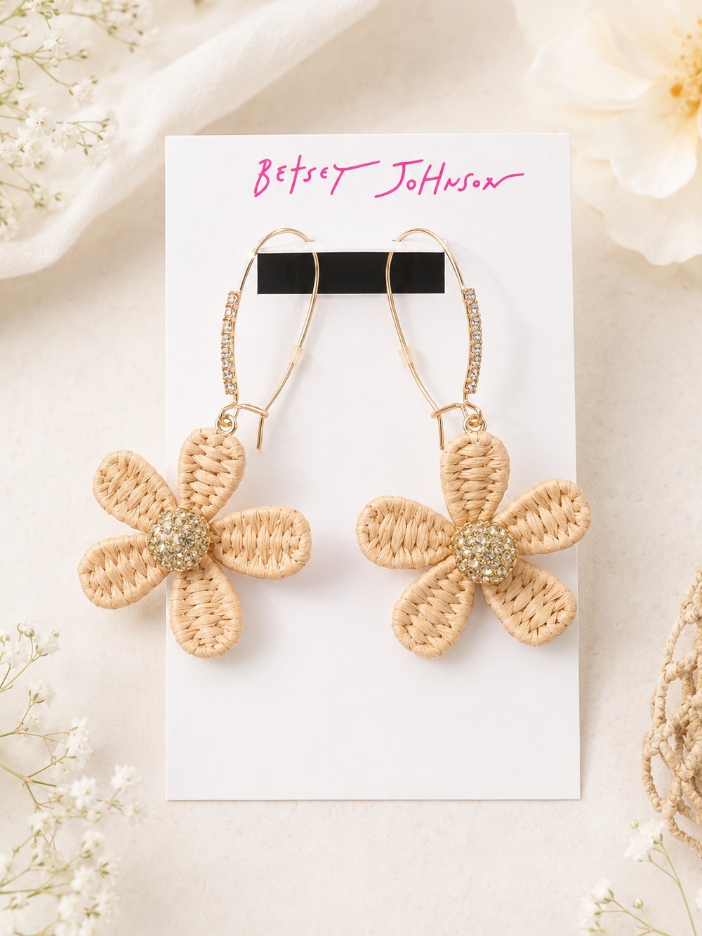 Betsey Johnson Beige Floral Rattan Drop Earrings with Gold Accents